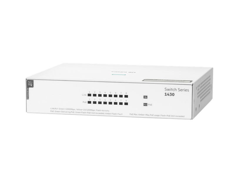 SWITCH ARUBA GIGABIT ETHERNET INSTANT ON 1430, 8 PUERTOS POE 10/100/1000 MBPS, 64W, 16 GBIT/S, 8192 ENTRADAS - NO ADMINISTRABLE