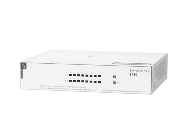 SWITCH ARUBA GIGABIT ETHERNET INSTANT ON 1430, 8 PUERTOS POE 10/100/1000 MBPS, 64W, 16 GBIT/S, 8192 ENTRADAS - NO ADMINISTRABLE