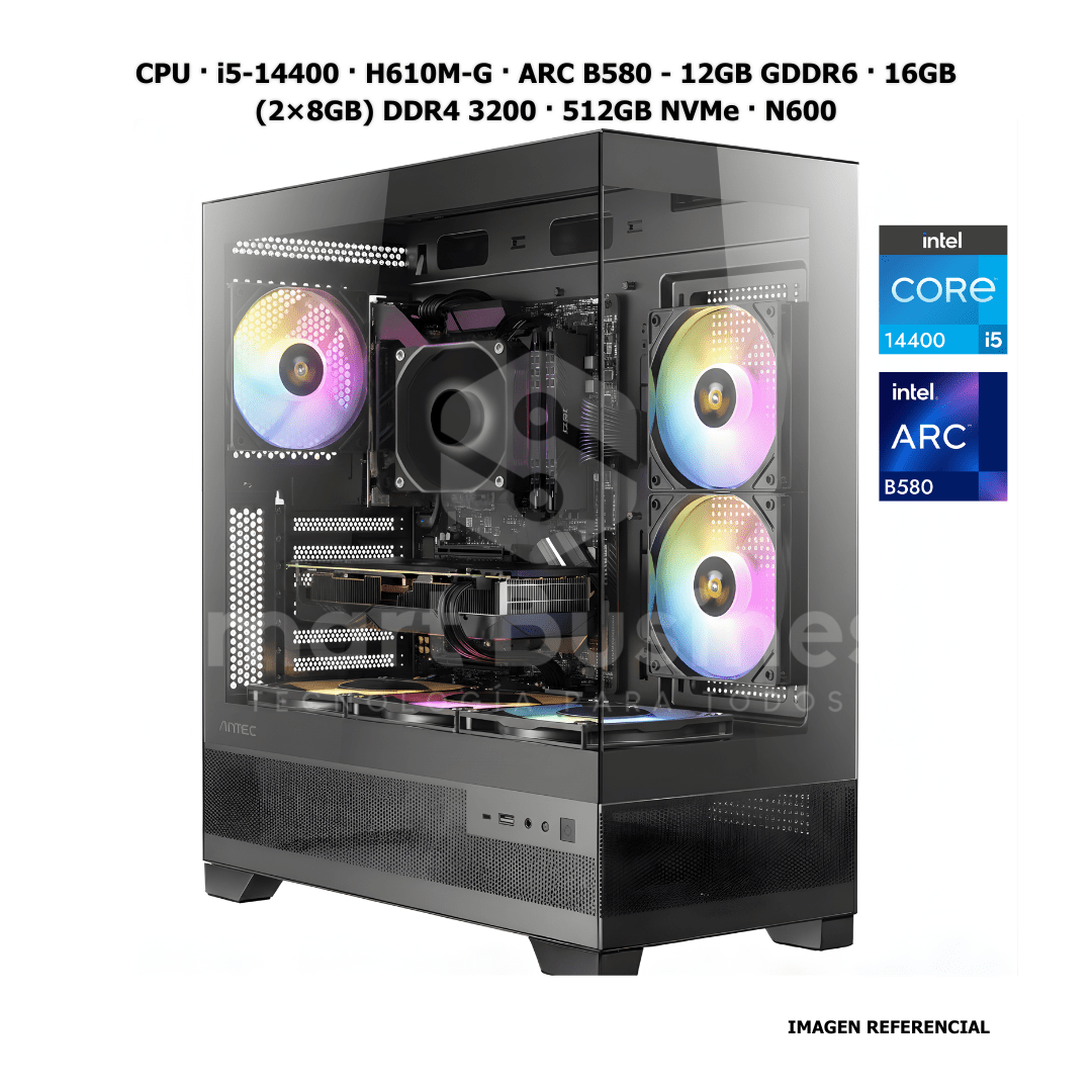 CPU · Core i5 - 14400 · H610M - G · ARC B580 - 12GB GDDR6 · 16GB (2×8GB) DDR4 3200 · 512GB NVMe LEGEND 710 · N600 FR A/USCPU · i5 - 14400F · H610M - S · ARC A380 - 6GB GDDR6 · 16GB (2×8GB) DDR4 3200 · 512GB NVMe · N600 de Smart Business | first_variant_option_1 — Envío inmediato