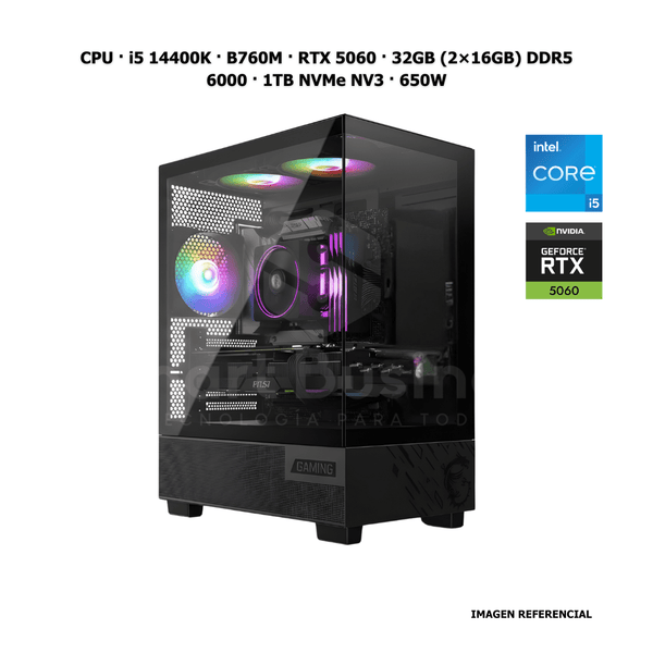 CPU · Core i5 14400K · B760M · RTX 5060 · 32GB (2×16GB) DDR5 6000 · 1TB NVMe NV3 · 650W de Smart Business | first_variant_option_1 — Envío inmediato