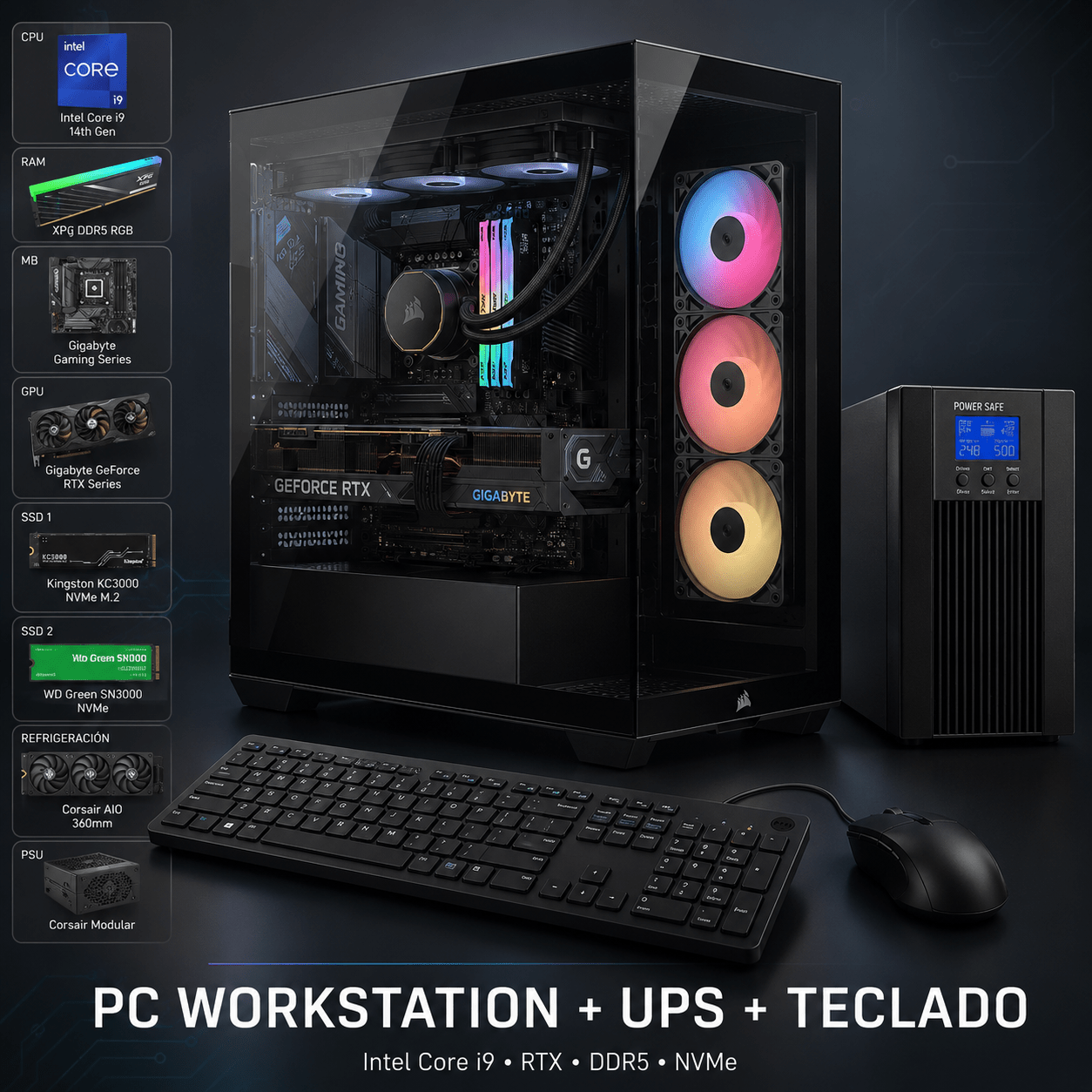 PC Workstation Extreme - Core i9 14900KF - RTX 5070 Ti 16GB GDDR7 - 64GB RAM DDR5 6000MHz - 3TB SSD NVMe Gen4 - Placa Z790 Wi-Fi 6E - Refrigeración Líquida 360mm - Fuente 1000W ATX 3.1 - Chasis Cristal Templado - UPS On-Line 2000VA de Smart Business | first_variant_option_1 — Envío inmediato
