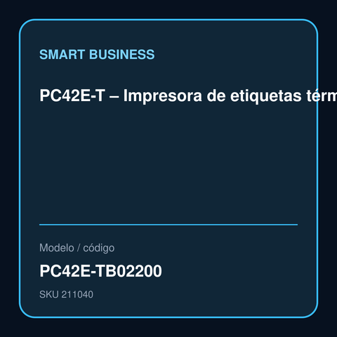 PC42E-T – Impresora de etiquetas térmica directa y transferencia térmica color negro – Conexión USB y Ethernet – Resolución 203 dpi – Ancho de impresión hasta 114 mm, grosor máximo de medio 108 mm – Diámetro máximo de rollo 127 mm, núcleo de ribbon 25,4 m modelo PC42E-TB02200