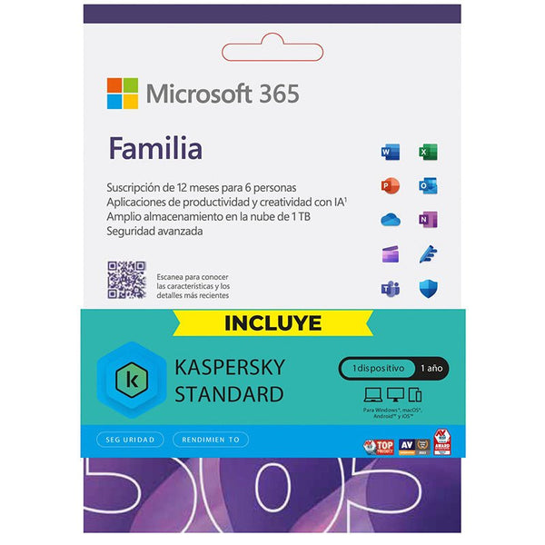 SOFTWARE KIT MICROSOFT 365 FAMILIA + KASPERSKY – LICENCIA 12 MESES, HASTA 6 USUARIOS CON ALMACENAMIENTO EN LA NUBE Y PROTECCIÓN INTEGRAL EP2-32295-TPK - SMART BUSINESS