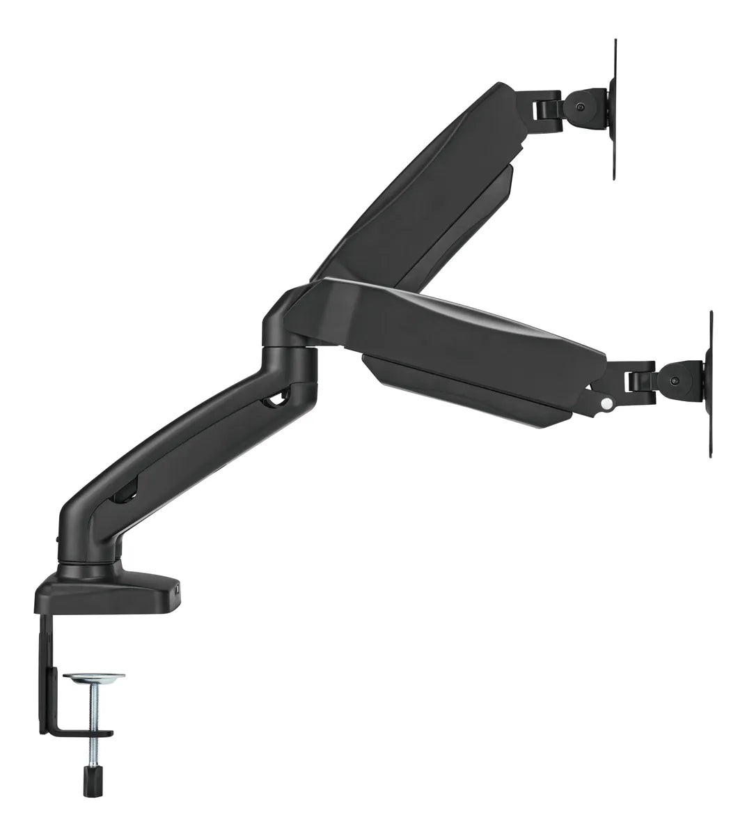 SOPORTE ERGONÓMICO DOBLE PARA MONITORES DE 17″ A 32″, AJUSTABLE DE 2KG A 9KG, CON BASE TIPO RACK, IDEAL PARA SETUP TECNOLÓGICO, OFICINA Y GAMING. KE-C024E - SMART BUSINESS