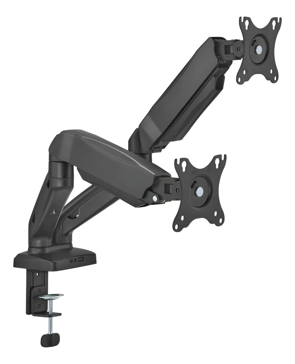 SOPORTE ERGONÓMICO DOBLE PARA MONITORES DE 17″ A 32″, AJUSTABLE DE 2KG A 9KG, CON BASE TIPO RACK, IDEAL PARA SETUP TECNOLÓGICO, OFICINA Y GAMING. KE-C024E - SMART BUSINESS