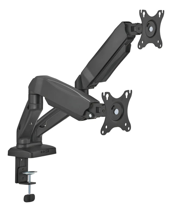 SOPORTE ERGONÓMICO DOBLE PARA MONITORES DE 17″ A 32″, AJUSTABLE DE 2KG A 9KG, CON BASE TIPO RACK, IDEAL PARA SETUP TECNOLÓGICO, OFICINA Y GAMING. KE-C024E - SMART BUSINESS