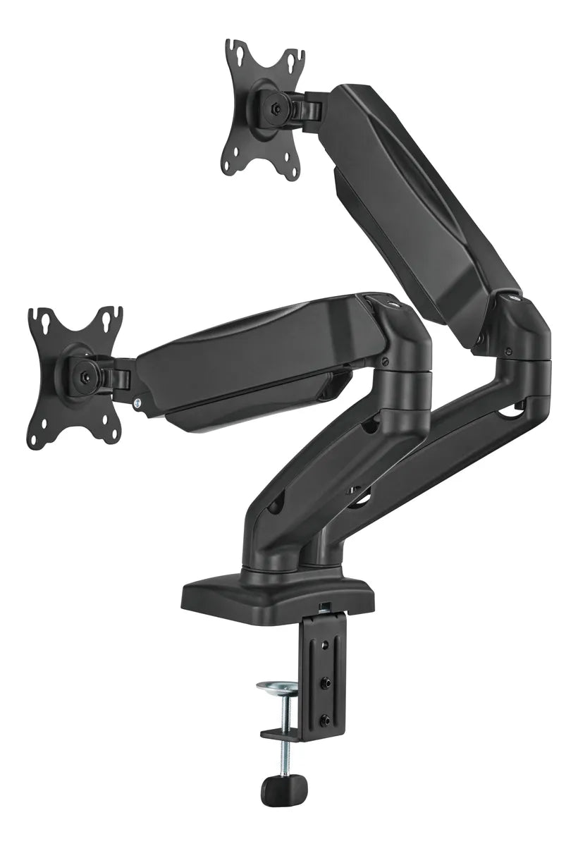 SOPORTE ERGONÓMICO DOBLE PARA MONITORES DE 17″ A 32″, AJUSTABLE DE 2KG A 9KG, CON BASE TIPO RACK, IDEAL PARA SETUP TECNOLÓGICO, OFICINA Y GAMING. KE-C024E - SMART BUSINESS