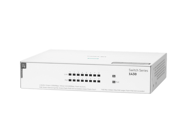 SWITCH ARUBA GIGABIT ETHERNET INSTANT ON 1430, 8 PUERTOS POE 10/100/1000 MBPS, 64W, 16 GBIT/S, 8192 ENTRADAS - NO ADMINISTRABLE R8R46A - SMART BUSINESS