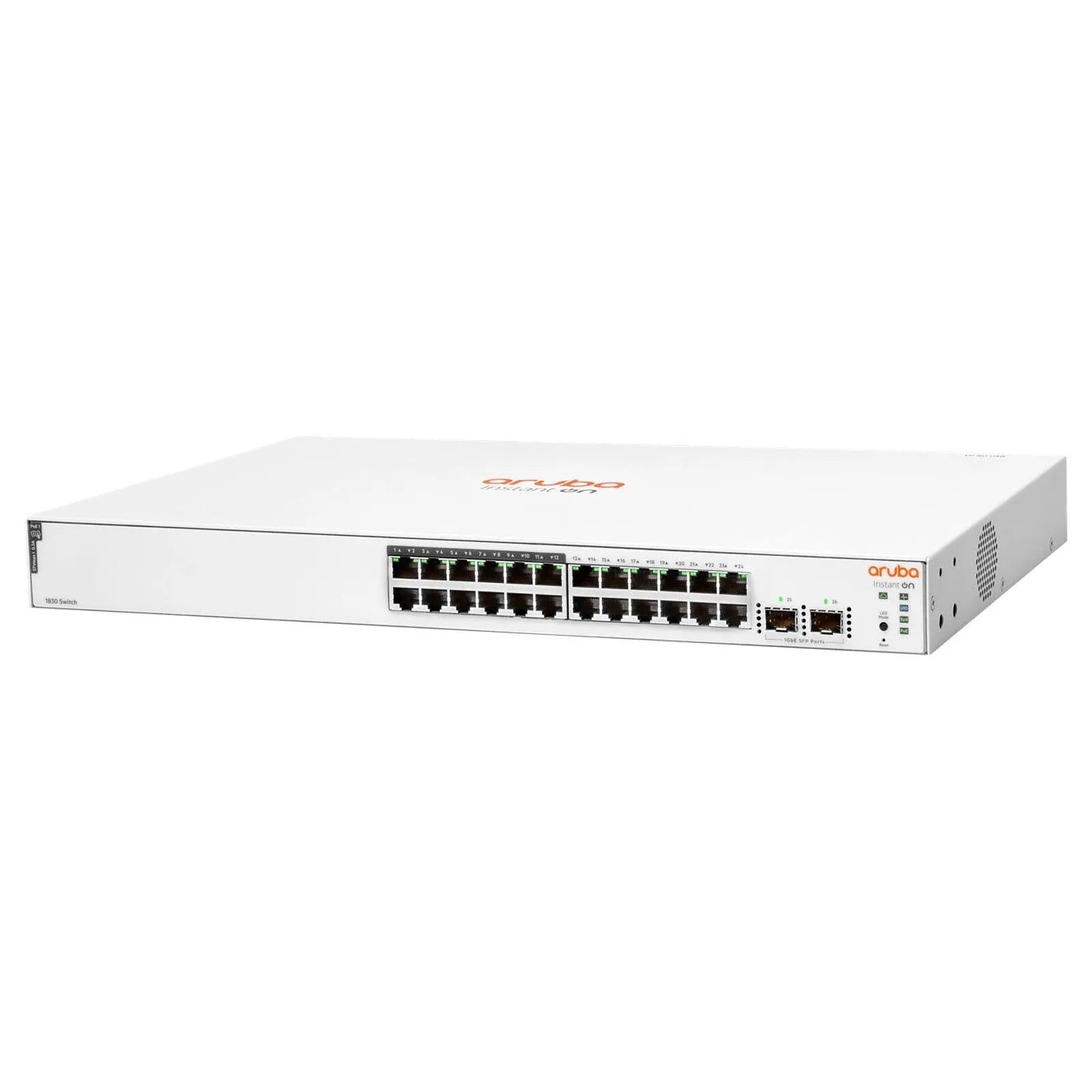 SWITCH ARUBA GIGABIT ETHERNET INSTANT ON 1830 24G, 24 PUERTOS 10/100/1000MBPS (12X POE), + 2 PUERTOS SFP, 195W, 52 GBIT/S, 16.000 ENTRADAS - ADMINISTRABLE - SMART BUSINESS