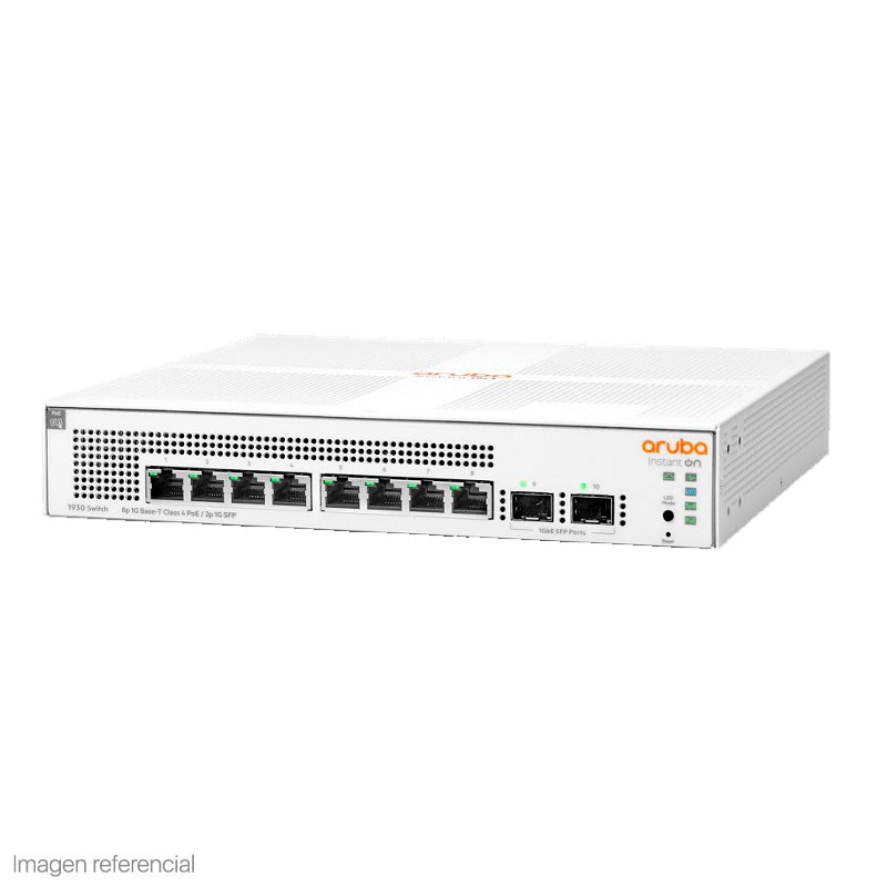 SWITCH ARUBA GIGABIT ETHERNET INSTANT ON 1930, 8 PUERTOS POE 10/100/1000MBPS + 2 PUERTOS SFP, 20GBIT/S, 8000 ENTRADAS - ADMINISTRABLE - SMART BUSINESS