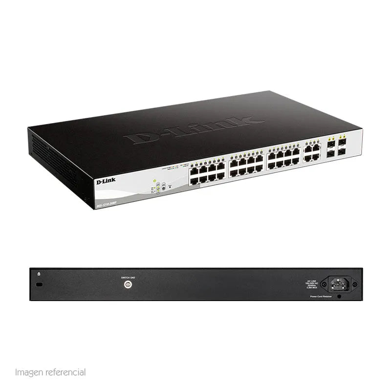 Switch D-Link DGS-1210-28MP, Capa L2, 24 RJ-45 GbE, PoE, 4 puertos GbE/SFP. - SMART BUSINESS