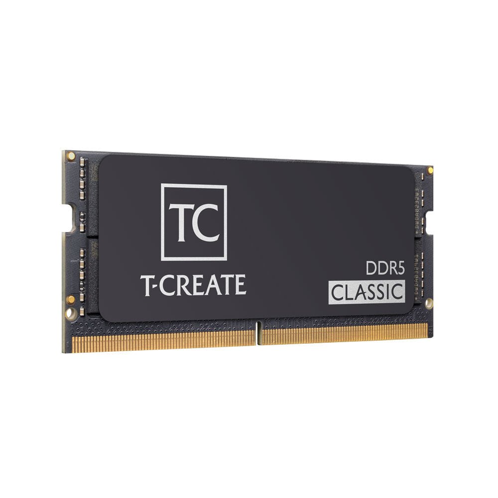 Memoria RAM TEAMGROUP T-CREATE CLASSIC CTCCD516G5600HC46A-S01 16GB DDR5 SO-DIMM negra, perspectiva desde la izquierda