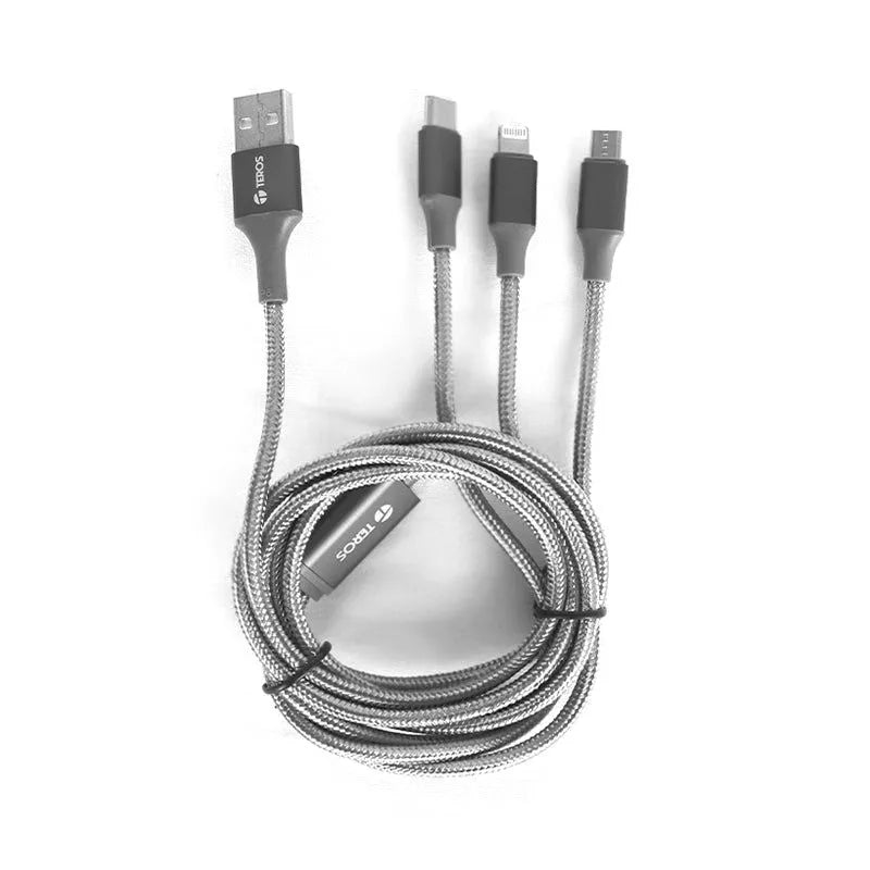 Cable USB Teros TE-70210W, TIPO A - TIPO C/LIGHTNING/MICRO USB, 3.5A, 17.5W Max, Gris - SMART BUSINESS