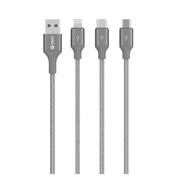 Cable USB Teros TE-70210W, TIPO A - TIPO C/LIGHTNING/MICRO USB, 3.5A, 17.5W Max, Gris - SMART BUSINESS