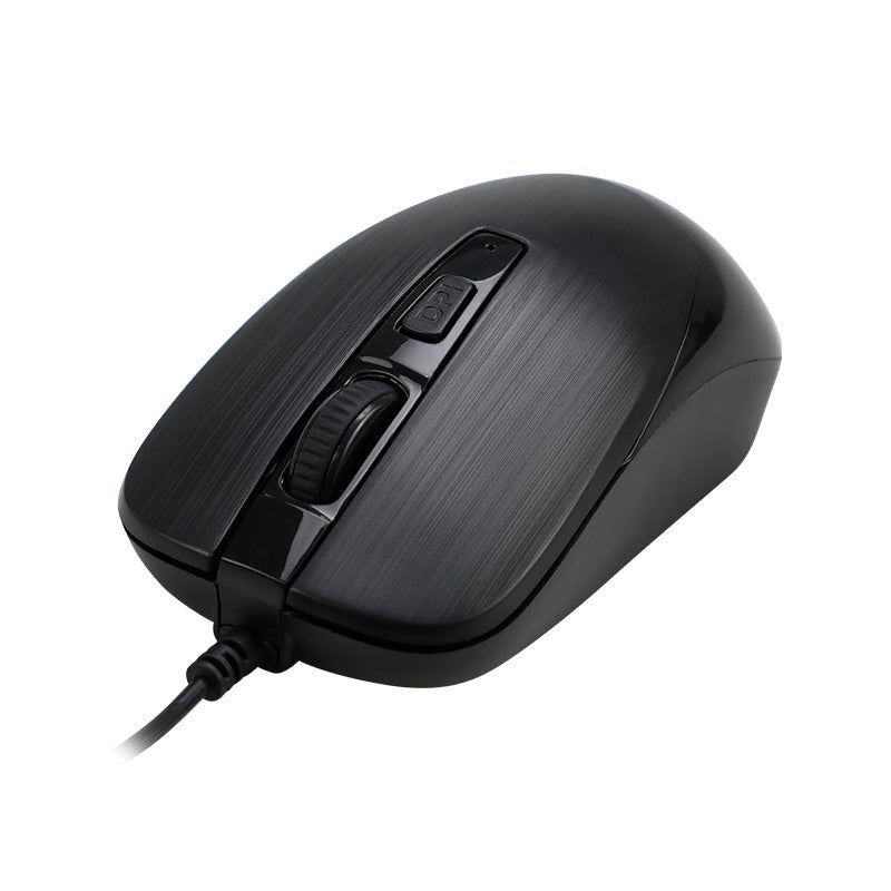 Mouse óptico TEROS TE-5076N negro con cable, vista frontal en perspectiva