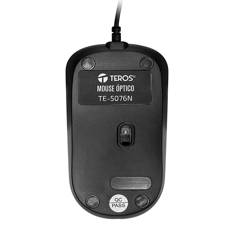 Base del mouse TEROS TE-5076N con sensor óptico y etiqueta del modelo