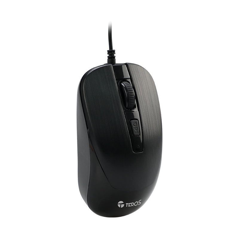 Mouse TEROS TE-5076N negro, vista superior oblicua con logotipo TEROS