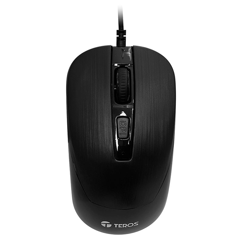 Mouse TEROS TE-5076N negro, vista superior centrada con rueda y botón DPI