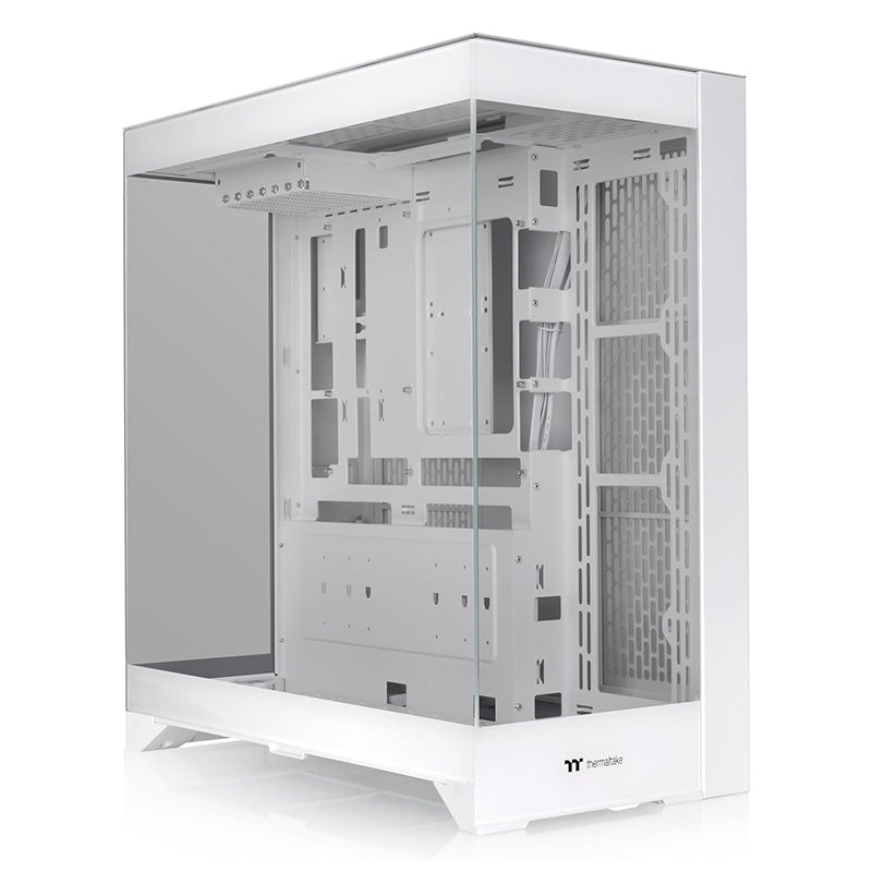 Gabinete Thermaltake CTE E550 TG Snow CA-1Z8-00M6WN-00, vista frontal en tres cuartos sin componentes instalados