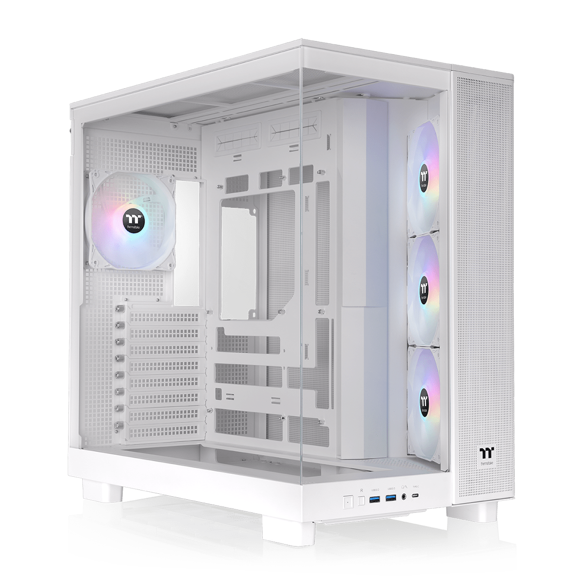 Gabinete Thermaltake View 380 XL TG ARGB Snow CA-11E-00M6WN-00, vista frontal en tres cuartos