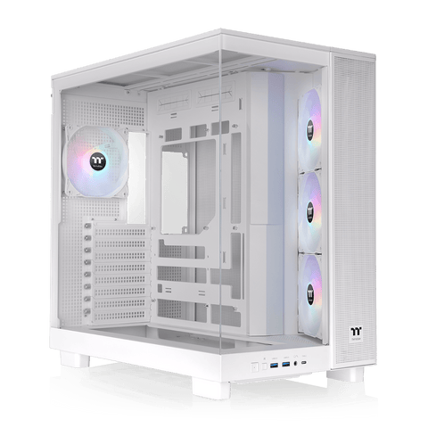 Gabinete Thermaltake View 380 XL TG ARGB Snow CA-11E-00M6WN-00, vista frontal en tres cuartos