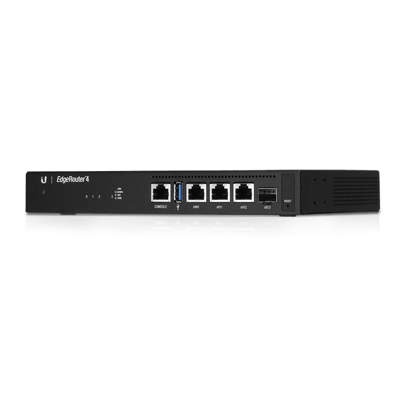 Router Ubiquiti EdgeRouter 4 ER‑4  3 Puertos Gigabit RJ45 + 1 Puerto SFP  CPU Quad‑Core 1 GHz MIPS64  1GB RAM DDR3  4GB Flash  Enrutamiento Avanzado L2/L3  EdgeOS  Montaje en Escritorio o Rack
