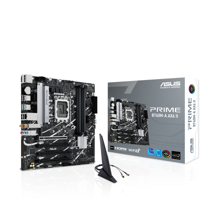 MOTHERBOARD ASUS PRIME B760M-A AX6 II, CHIPSET INTEL B760, LGA1700, FORMATO MATX, RENDIMIENTO EXCEPCIONAL PARA TUS PROYECTOS DE PC