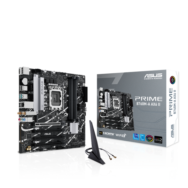 MOTHERBOARD ASUS PRIME B760M-A AX6 II, CHIPSET INTEL B760, LGA1700, FORMATO MATX, RENDIMIENTO EXCEPCIONAL PARA TUS PROYECTOS DE PC