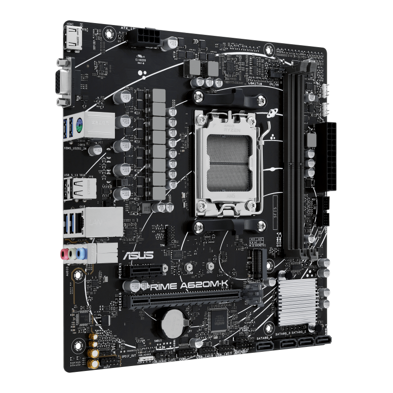 TARJETA MADRE ASUS PRIME A620M K MATX AM5 DDR5 CON VGA, HDMI Y PCI E 4.0 - PLACA BASE DE ALTO RENDIMIENTO PARA GAMERS Y PROFESIONALES