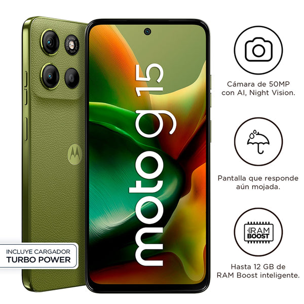 SMARTPHONE MOTOROLA MOTO G15 4+128GB EN COLOR VERDE - POTENTE RENDIMIENTO, GRAN CAPACIDAD Y DISEÑO MODERNO PARA TU DÍA A DÍA.