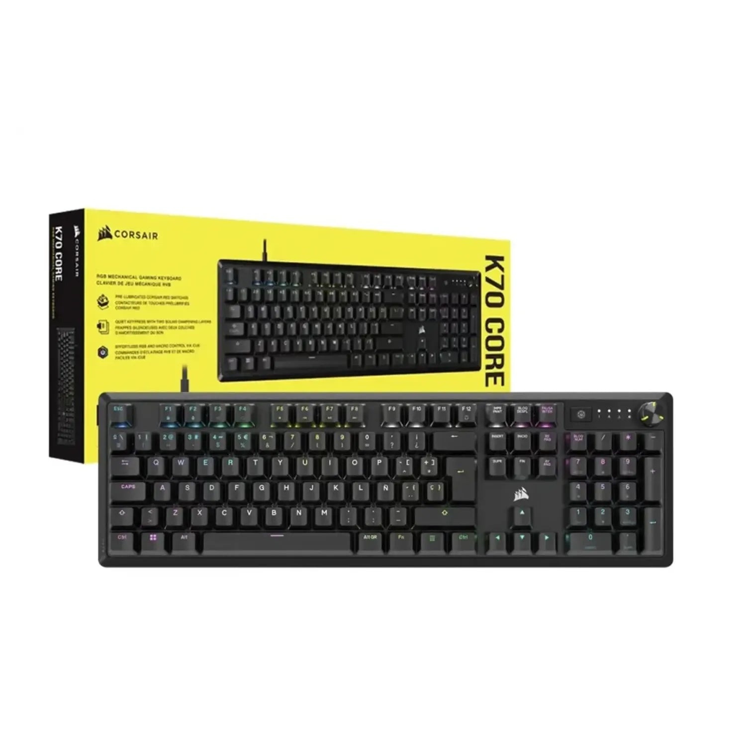 TECLADO MECÁNICO GAMER RGB CORSAIR K70 CORE CON INTERRUPTORES MLX RED Y REPOSAMUÑECAS – NEGRO