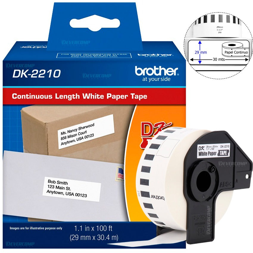 BROTHER DK-2210 – CINTA DE ETIQUETAS CONTINUA 29 MM X 30.4 M ROLLO COMPATIBLE CON IMPRESORAS BROTHER FÁCIL DE USAR Y DURADERA