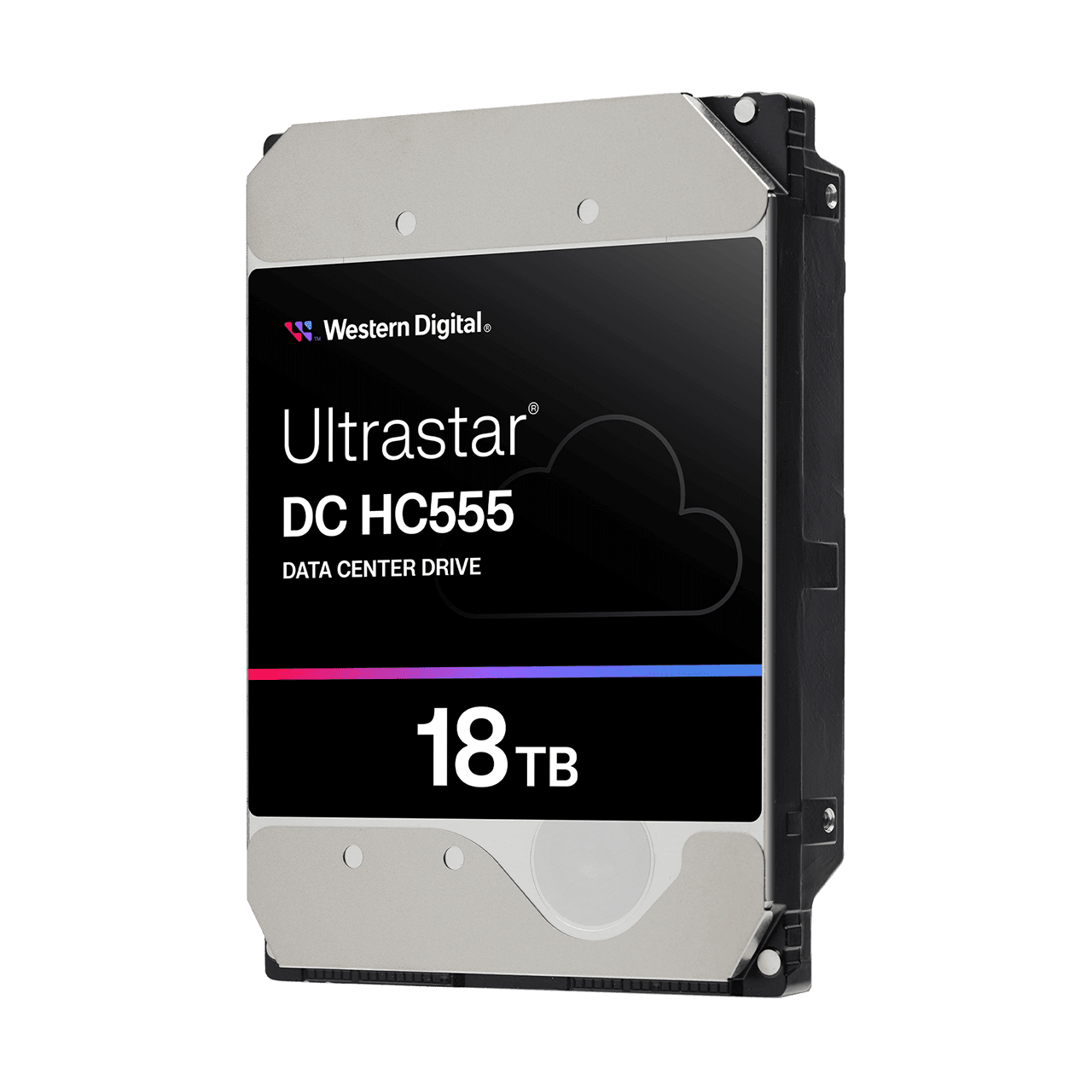 Disco duro Western Digital Ultrastar DC HC555 18TB 0B48723 vista en tres cuartos de la cubierta superior