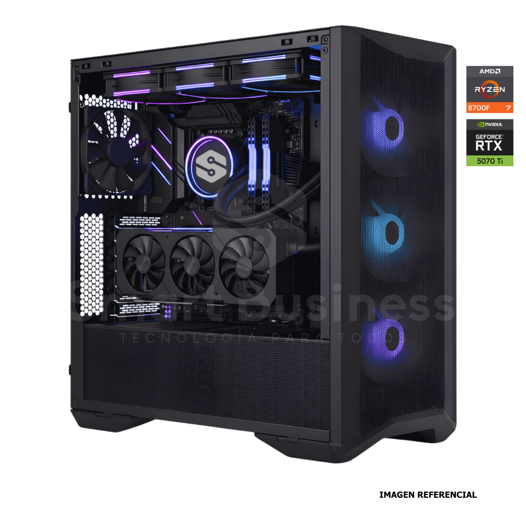 Workstation profesional · AMD Ryzen 7 8700F 4.1ghz · Chipset ROG STRIX B850 - E · RTX 5070 Ti 16GB PCIe 4.0 · 128GB (4X32GB) DDR5 CL32/6400MHZ · 2TB NVMe M.2/PCIe - 14000 MB/S · Fuente 1000W 80+ GOLD · AIO 360mm PCW0738 - SMART BUSINESS