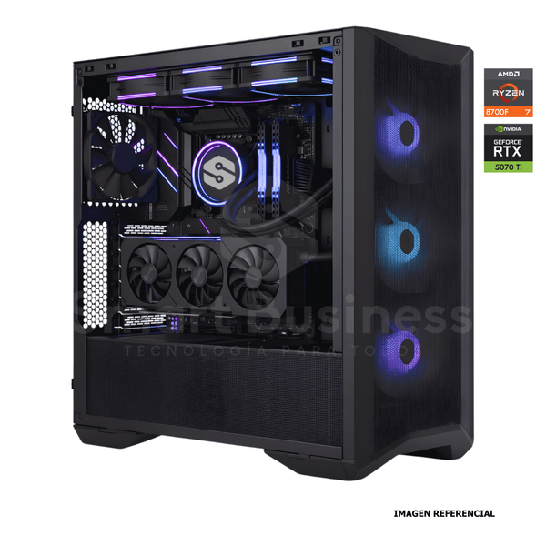 Workstation profesional · AMD Ryzen 7 8700F 4.1ghz · Chipset ROG STRIX B850 - E · RTX 5070 Ti 16GB PCIe 4.0 · 128GB (4X32GB) DDR5 CL32/6400MHZ · 2TB NVMe M.2/PCIe - 14000 MB/S · Fuente 1000W 80+ GOLD · AIO 360mm PCW0738 - SMART BUSINESS