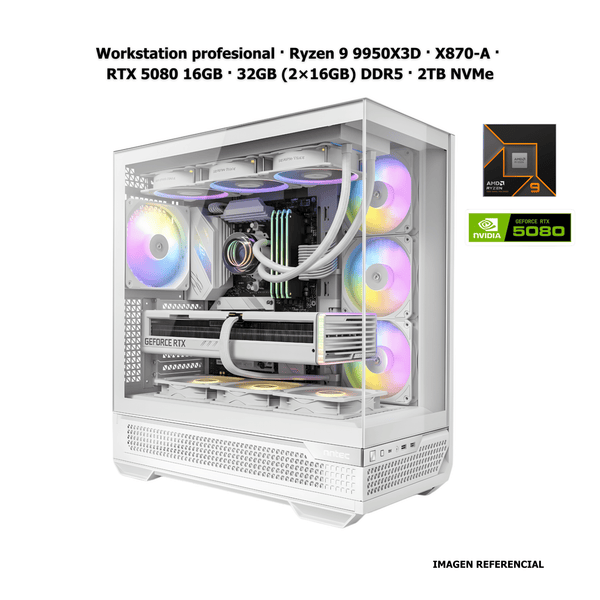 Workstation profesional · AMD Ryzen 9 9950X3D · X870 - A Wi - Fi · RTX 5080 16GB · 32GB (2×16GB) DDR5 · 2TB NVMe · Fuente poder 1300W 80+ Gold · Vortex Lum 360 AIO (3×120mm) · C7 ARGB · Windows 11 Pro CPU2612 - SMART BUSINESS