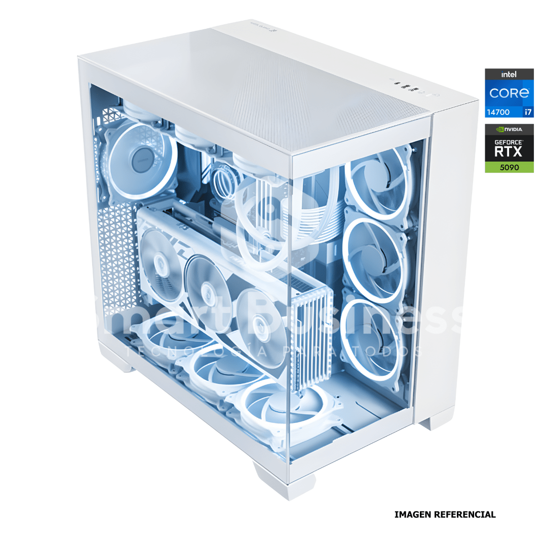 Workstation profesional · Intel Core i7 - 14700 5.4ghz · Chipset Intel Z890 WHITE · RTX 5090 MASTER ICE 32G · 128GB (4X32GB) DDR5 CL32/6400MHZ · 2TB NVMe M.2/PCIe - 14000 MB/S · Fuente 1000W 80+ GOLD · AIO 360mm WHITE PCW0744 - SMART BUSINESS