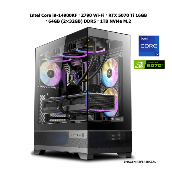 Workstation profesional · Intel Core i9 - 14900KF · Z790 Wi - Fi · RTX 5070 Ti 16GB · 64GB (2×32GB) DDR5 · 1TB NVMe M.2 · Fuente 850W 80+ Titanium · AIO 120mm CPU2609 - SMART BUSINESS
