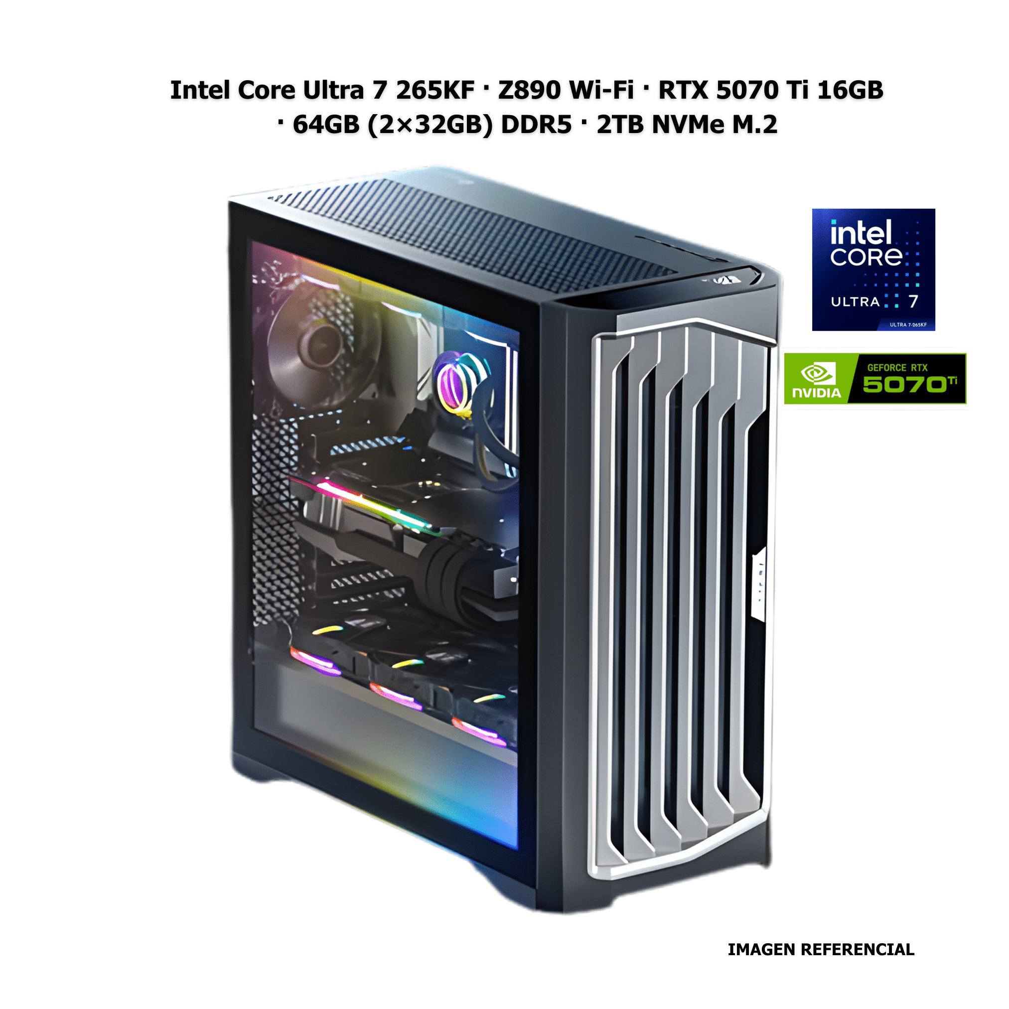 Workstation profesional · Intel Core Ultra 7 265KF · Z890 Wi - Fi · RTX 5070 Ti 16GB · 64GB (2×32GB) DDR5 · 2TB NVMe M.2 · Fuente 850W 80+ Titanium · AIO 120mm CPU2610 - SMART BUSINESS
