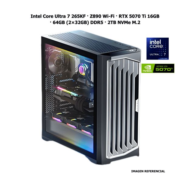 Workstation profesional · Intel Core Ultra 7 265KF · Z890 Wi - Fi · RTX 5070 Ti 16GB · 64GB (2×32GB) DDR5 · 2TB NVMe M.2 · Fuente 850W 80+ Titanium · AIO 120mm CPU2610 - SMART BUSINESS
