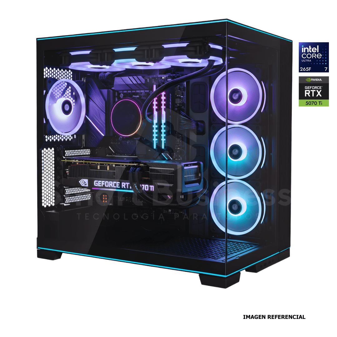 Workstation profesional · Intel ULTRA 7 CU7 - 265F · Chipset Z890 · RTX 5070 Ti 16GB PCIe 4.0 · 128GB (4X32GB) DDR5 CL32/6400MHZ · 2TB NVMe M.2.PCIe 5/14,000 MB/s · Fuente 1000W 80+ GOLD · AIO 360mm PCW0725 - SMART BUSINESS