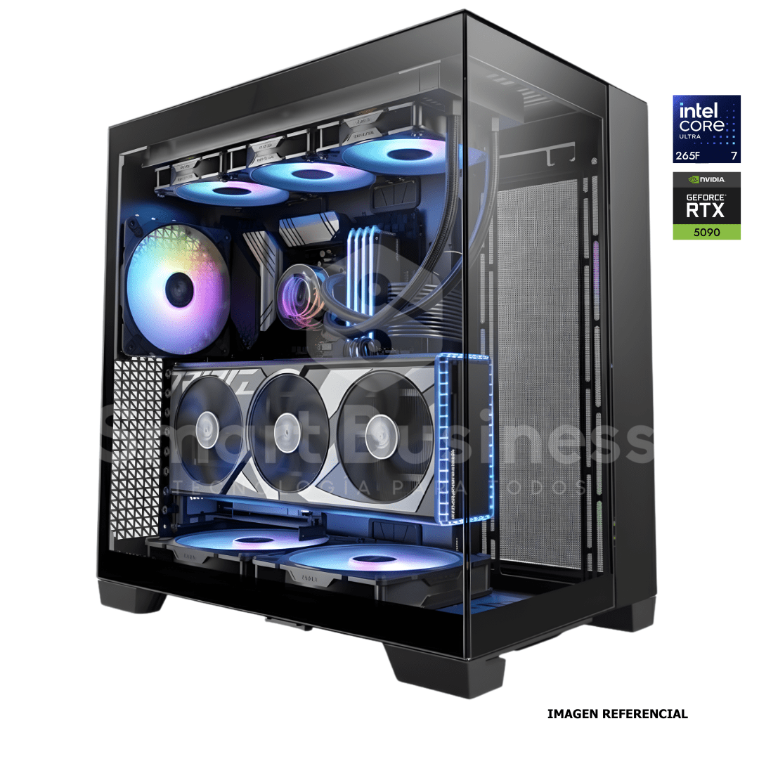 Workstation profesional · Intel ULTRA 7 CU7 - 265F · Chipset Z890 · RTX 5090 32GB · 128GB (4X32GB) DDR5 CL32/6400MHZ · 2TB NVMe M.2.PCIe 5/14,000 MB/s· Fuente 1000W 80+ GOLD · AIO 360mm PCW0723 - SMART BUSINESS