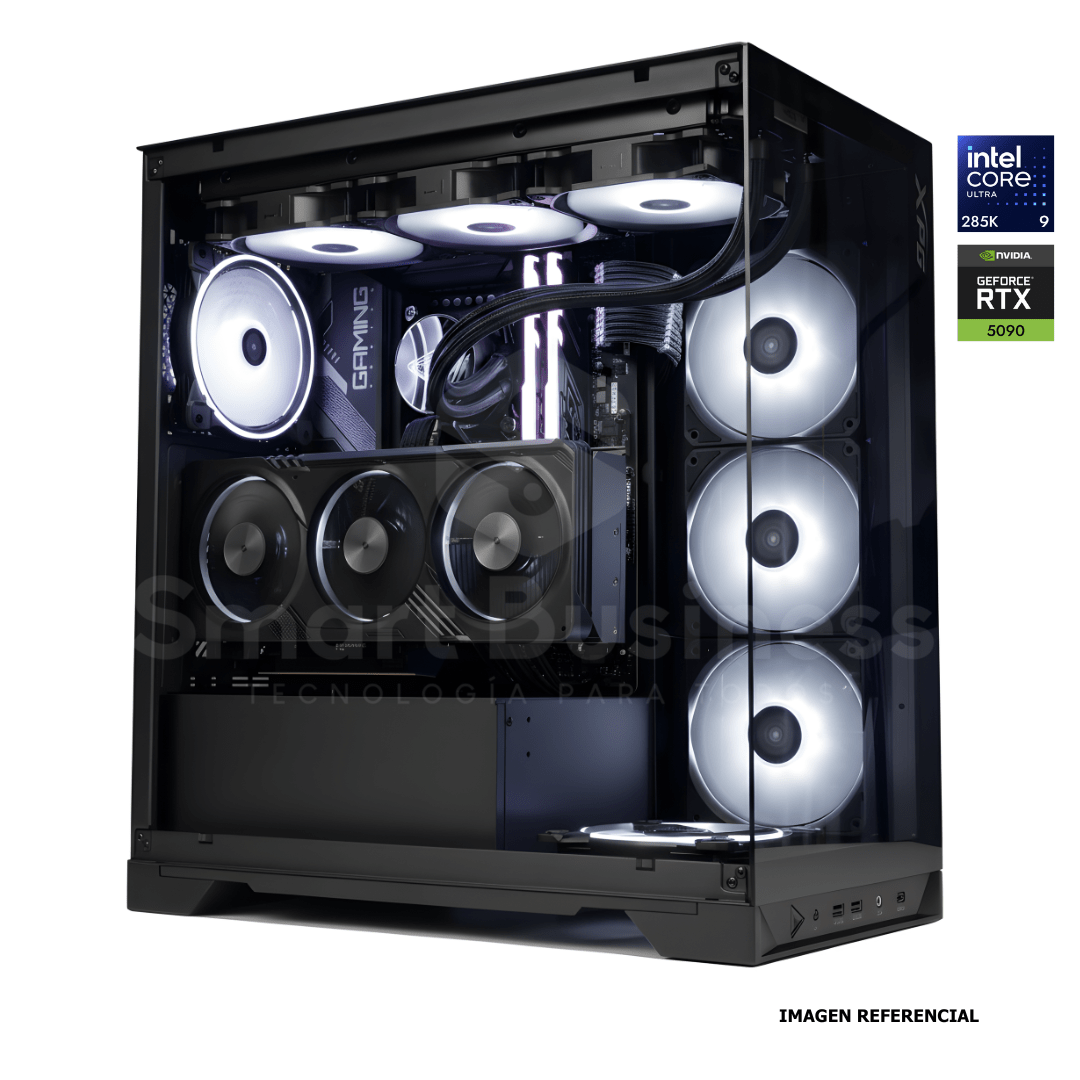 Workstation profesional · Intel ULTRA 9 CU9 - 285 · Chipset Z890 · RTX 5090 32GB · 128GB (4X32GB) DDR5 CL32/6400MHZ · 4TB NVMe M.2/PCIe 4GEN, 7450 MB/S · Fuente 1300W 80+ GOLD · AIO 360mm PCW0722 - SMART BUSINESS