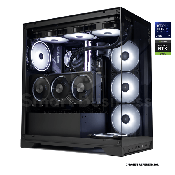 Workstation profesional · Intel ULTRA 9 CU9 - 285 · Chipset Z890 · RTX 5090 32GB · 128GB (4X32GB) DDR5 CL32/6400MHZ · 4TB NVMe M.2/PCIe 4GEN, 7450 MB/S · Fuente 1300W 80+ GOLD · AIO 360mm PCW0722 - SMART BUSINESS