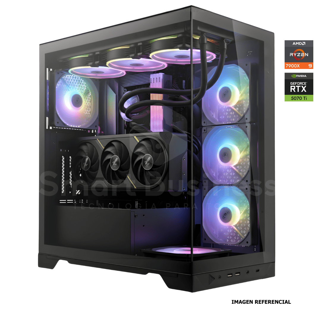 Workstation profesional · Ryzen 7 9700X 3.8ghz · Chipset ROG STRIX B850 - E · RTX 5070 Ti 16GB PCIe 4.0 · 128GB (4X32GB) DDR5 CL32/6400MHZ · 2TB NVMe M.2/PCIe - 14000 MB/S · Fuente 1000W 80+ GOLD · AIO 360mm PCW0737 - SMART BUSINESS