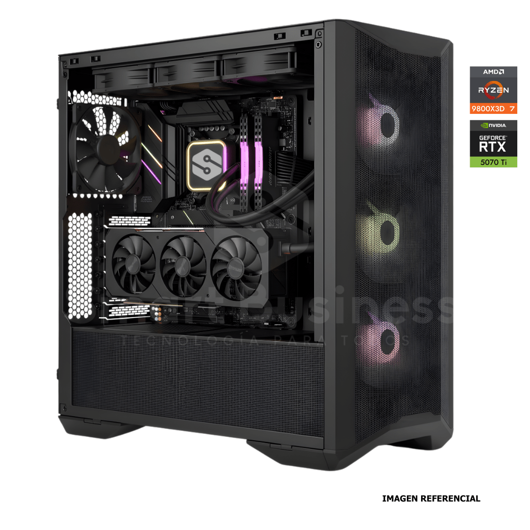 Workstation profesional · Ryzen 7 9800X3D 4.7ghz · Chipset ROG STRIX B850 - E · RTX 5070 Ti 16GB PCIe 4.0 · 128GB (4X32GB) DDR5 CL32/6400MHZ · 2TB NVMe M.2/PCIe - 14000 MB/S · Fuente 1000W 80+ GOLD · AIO 360mm PCW0734 - SMART BUSINESS
