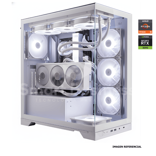 Workstation profesional · Ryzen 9 7900X 4.5ghz · Chipset ATX X870E ICE · RTX 5090 32GB PCIe 5.0· 128GB (4X32GB) DDR5 CL32/6400MHZ · 2TB NVMe M.2/PCIe - 14000 MB/S · Fuente 1000W 80+ GOLD · AIO 360mm WHITE PCW0733 - SMART BUSINESS