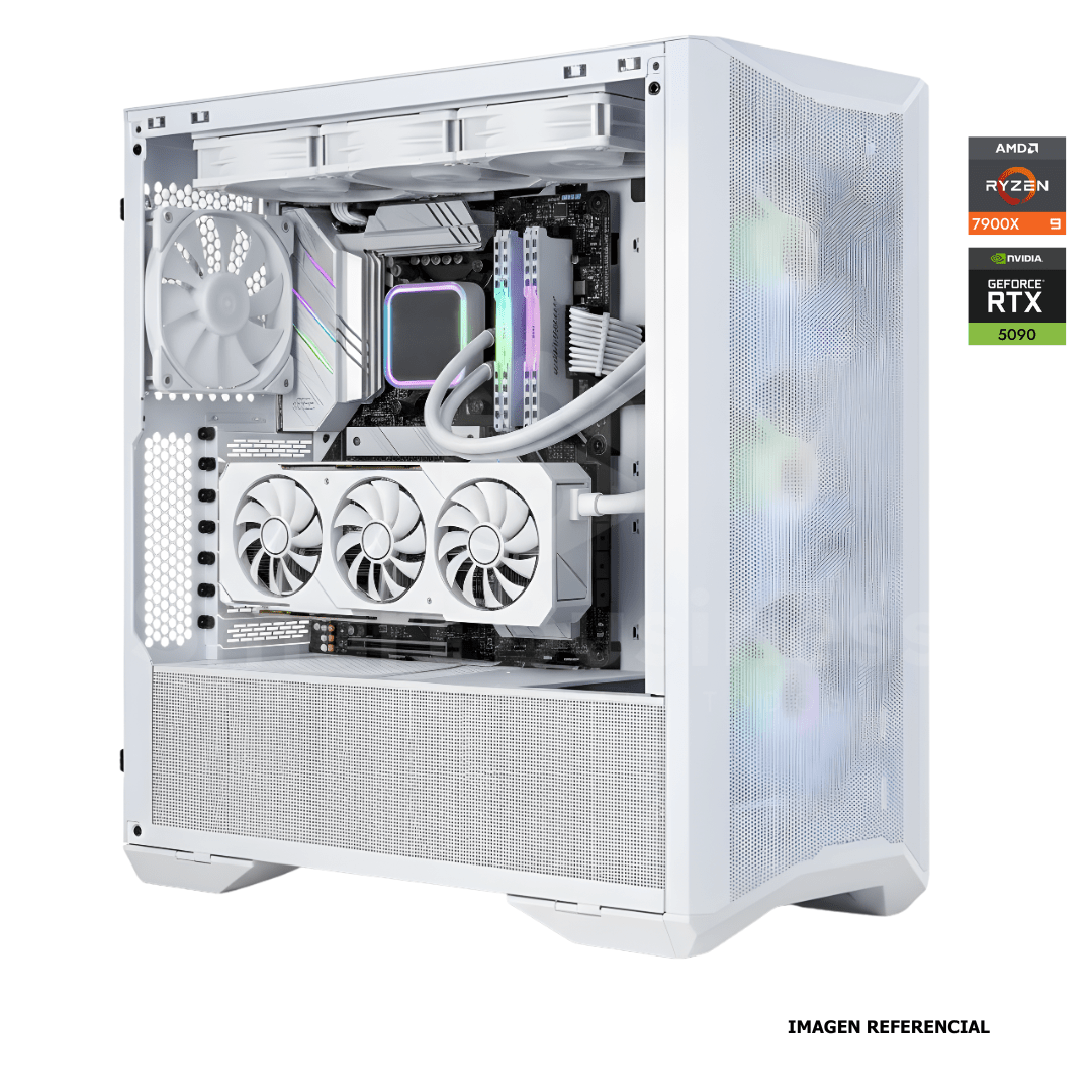 Workstation profesional · Ryzen 9 7900X 4.7ghz · Chipset ROG STRIX X870 - A WHITE· RTX 5090 32GB PCIe 5.0· 128GB (4X32GB) DDR5 CL32/6400MHZ · 2TB NVMe M.2/PCIe - 14000 MB/S · Fuente 1000W 80+ GOLD · AIO 360mm WHITE PCW0736 - SMART BUSINESS