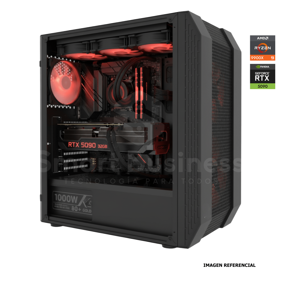 Workstation profesional · Ryzen 9 9900X 4.4ghz · Chipset ROG STRIX B850 - E · RTX 5090 32GB PCIe 5.0· 128GB (4X32GB) DDR5 CL32/6400MHZ · 2TB NVMe M.2/PCIe - 14000 MB/S · Fuente 1000W 80+ GOLD · AIO 360mm PCW0735 - SMART BUSINESS