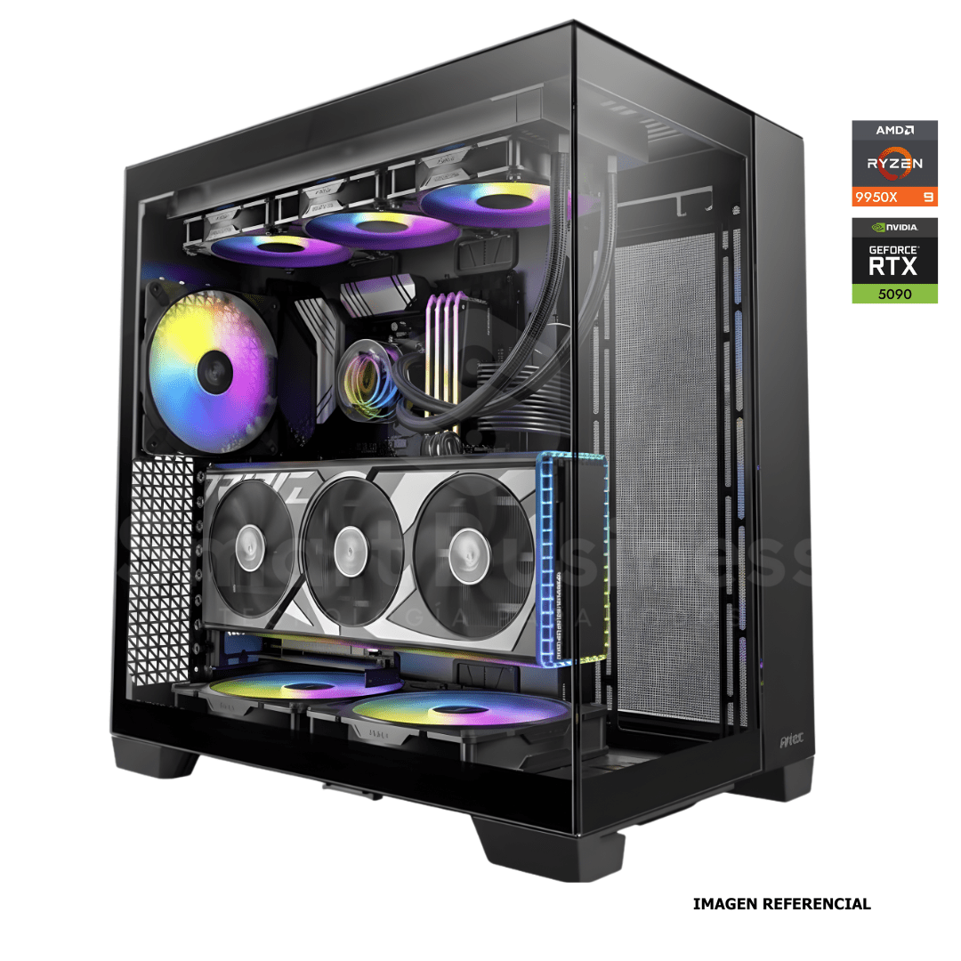 Workstation profesional · Ryzen 9 9950X 4.3ghz · Chipset ATX X870E · RTX 5090 32GB PCIe 5.0· 128GB (4X32GB) DDR5 CL32/6400MHZ · 2TB NVMe M.2/PCIe - 14000 MB/S · Fuente 1250W 80+ GOLD · AIO 360mm PCW0732 - SMART BUSINESS